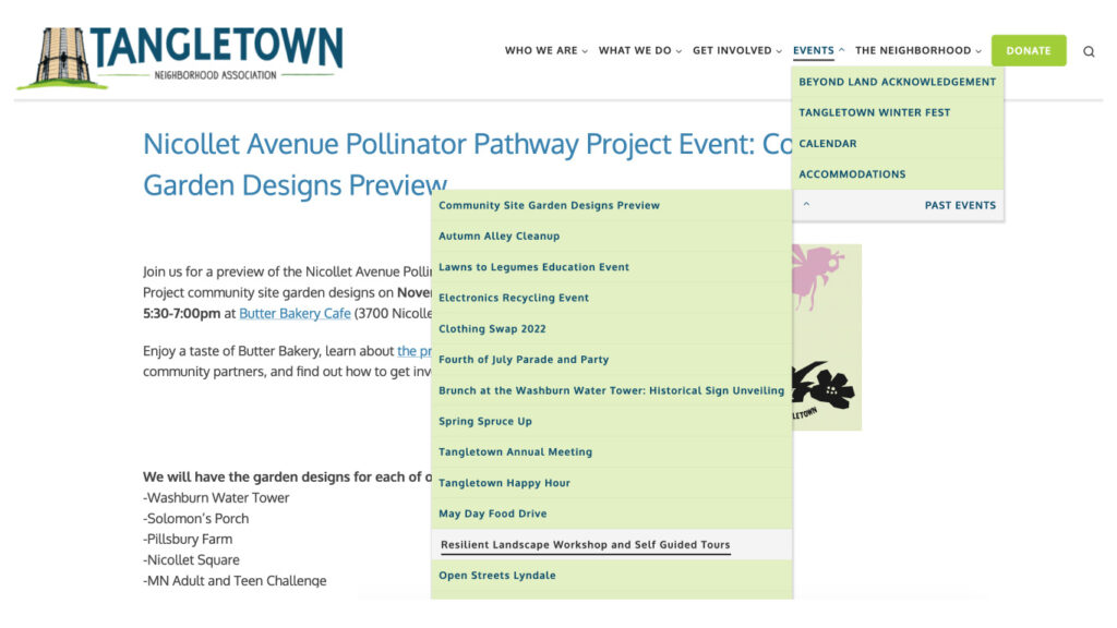 Main menu for events