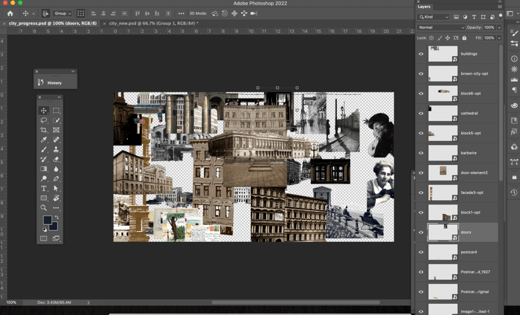 Photoshop workspace for the city montage
