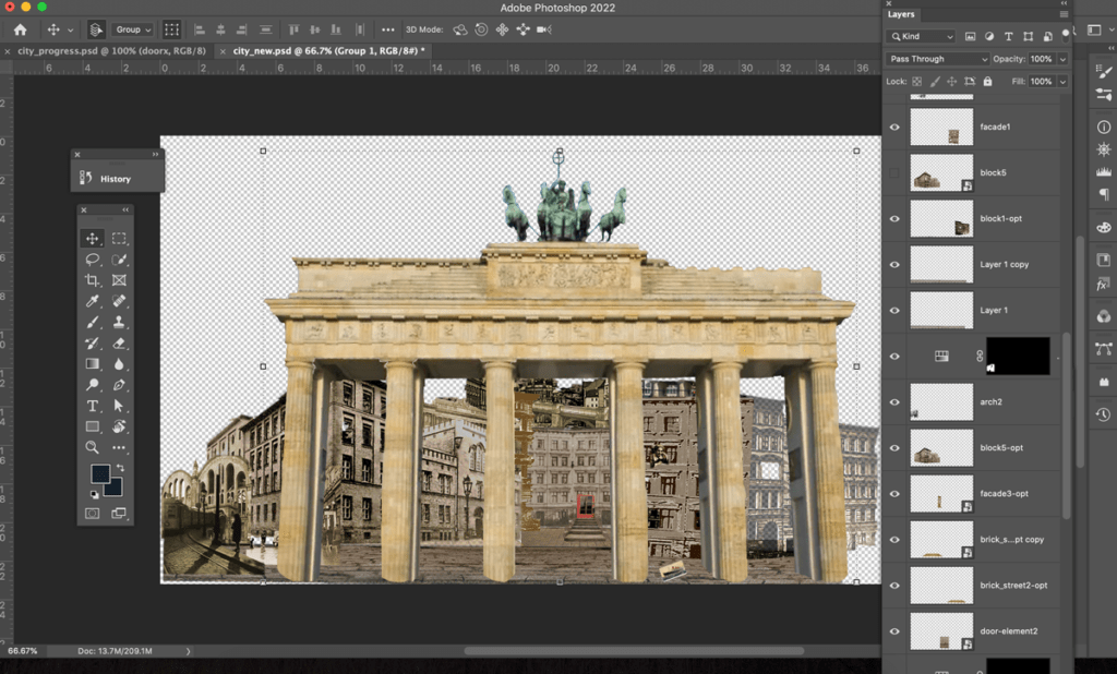 Photoshop workspace for the city montage