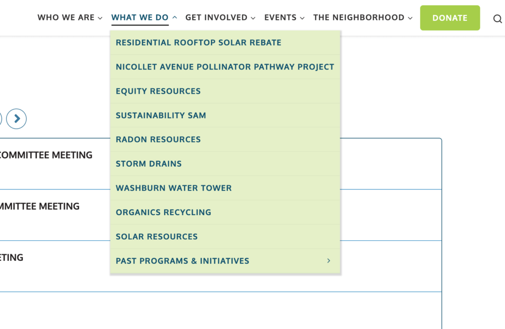Screen shot of the drop down menu