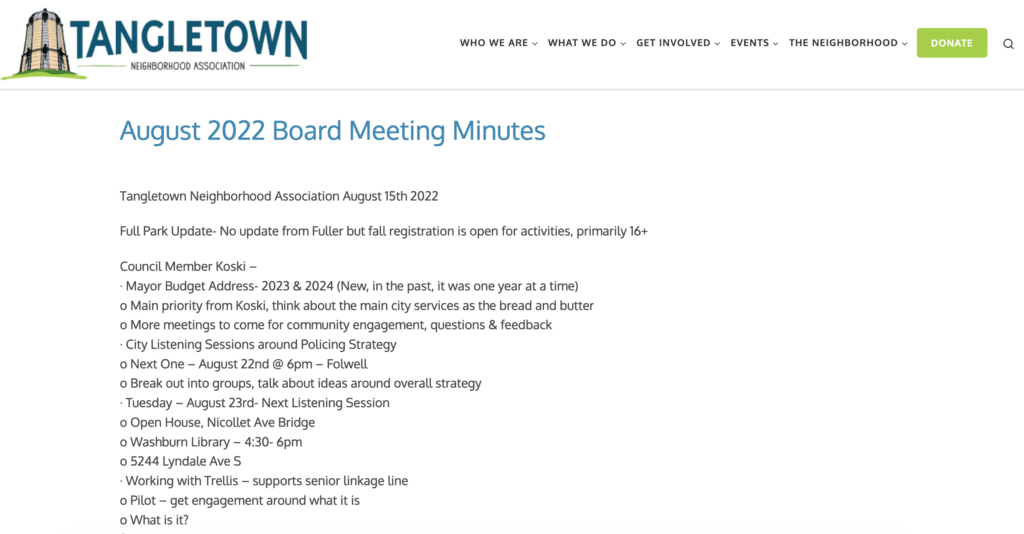 Minutes page with current month's minutes