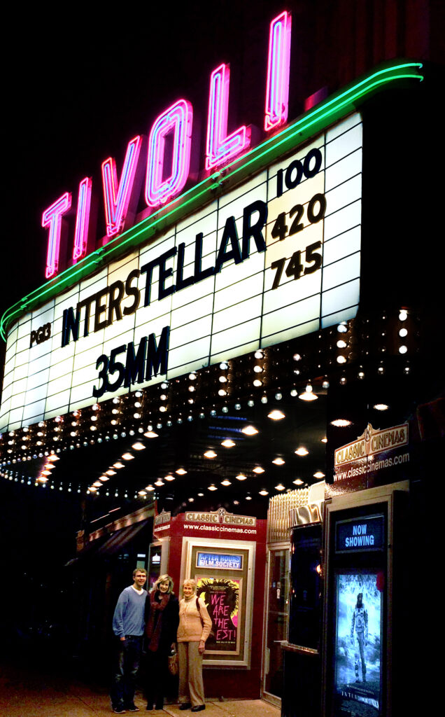 Photo of Tivoli movie theater and its marquee. Even lighting, details visible, crisp and color corrected.