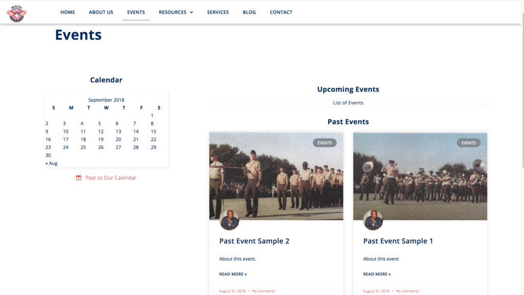 Page with Calendar and thumbnail links to blog posts