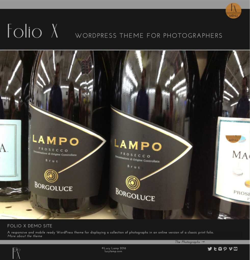 FolioX website home page. Close up image of Lampo brand Prosecco sparkling wine bottles on liquor store shelf.
