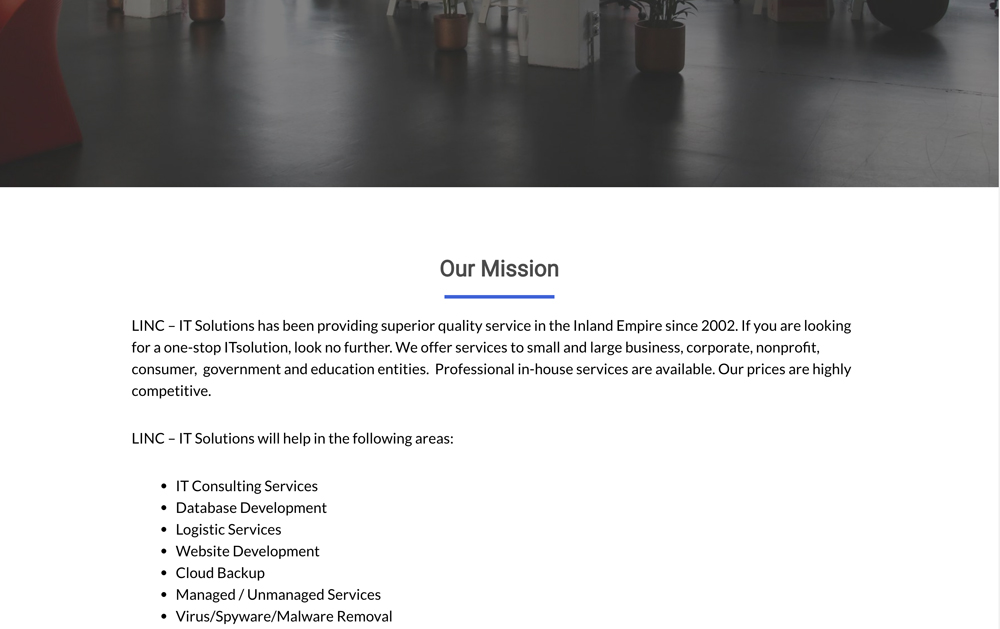 Original Mission page of website. Dark image with unorganized text.