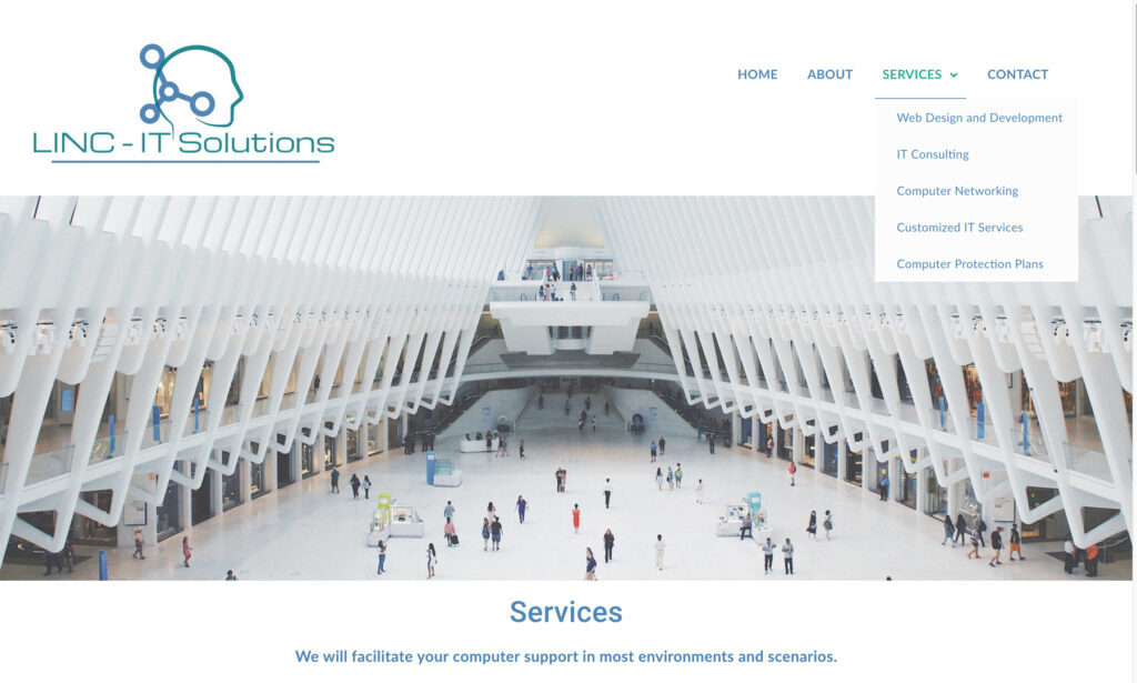 Services page. Interior of large, open building with people walking through it.
