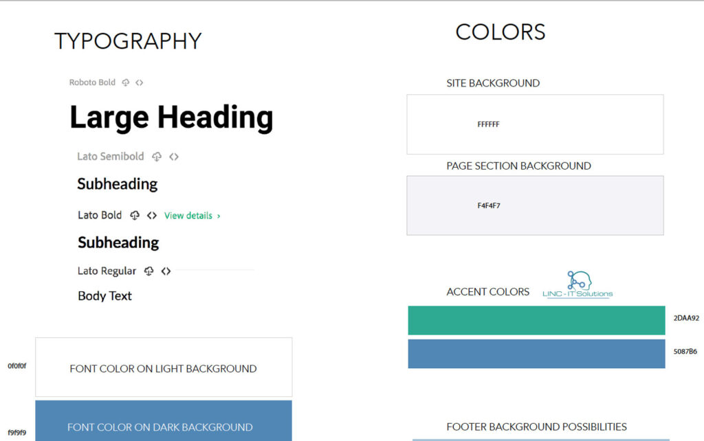 Design style sheet showing color scheme and typography.
