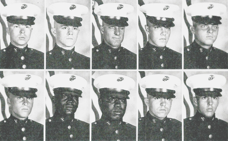 Page from a Marines Yearbook with black and white photos of graduating Marines