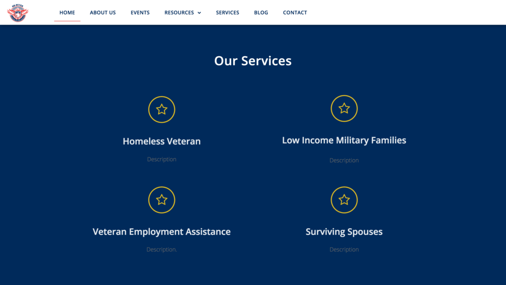 Icon grid listing the organization's services. Light blue on dark blue background.