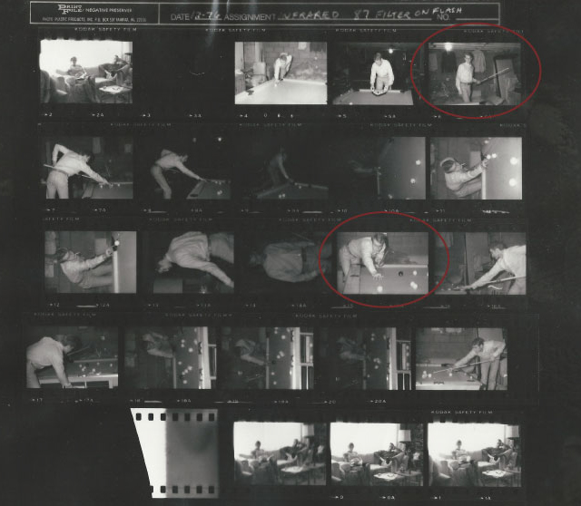 Old black and white 35millimeter film contact sheet, with two of the tiny images circled in red.
