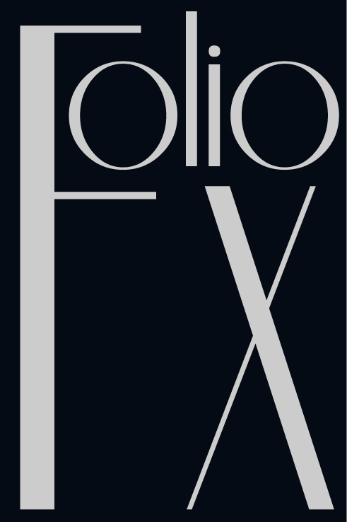 FolioX WordPress theme logo. Stylized silver letters on black background.