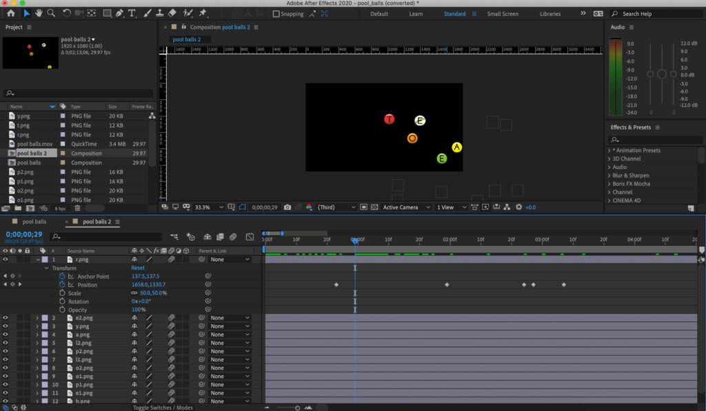 Screen shot of AfterEffects workspace showing complicated control panels and the pool ball illustrations.