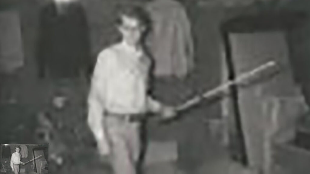 Low resolution, enlarged and blurry original photo. Young man playing pool. Small inset of original photo at actual size.