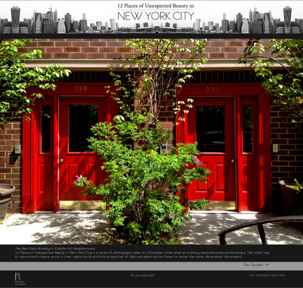 12 Places of Unexpected Beauty In New York City website home page. Bright red doors on Brooklyn brick apartment building with trees.
