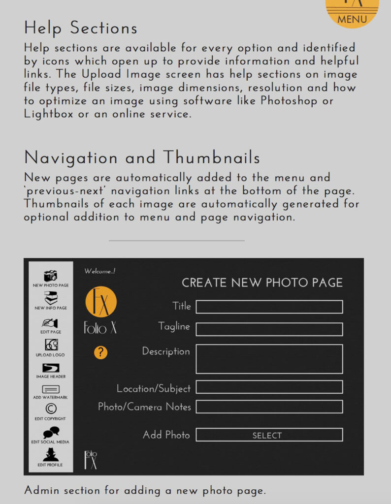 FolioX customized admin page for uploading media. Silver and black with orange accent.