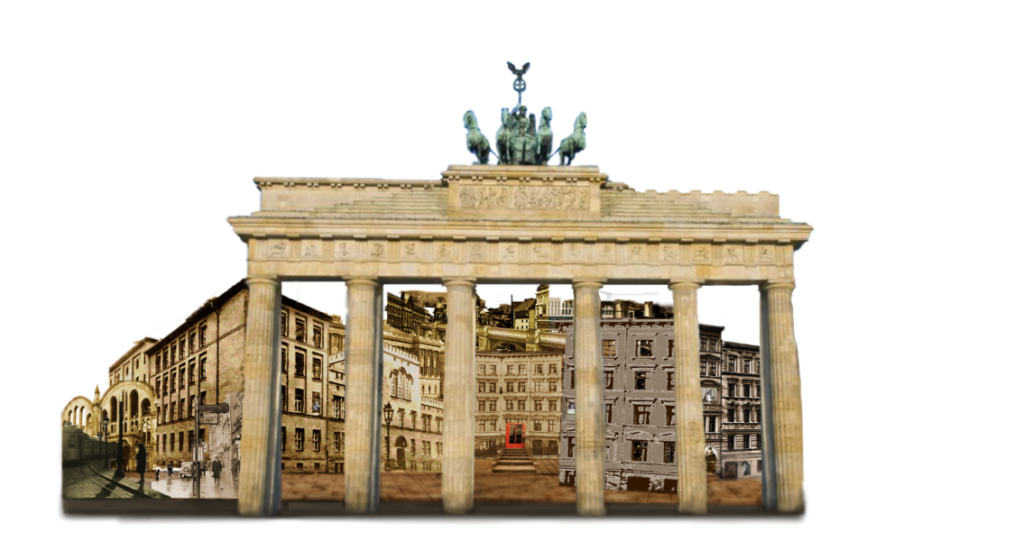 Photomontage of historic Berlin buildings and the Brandenburg Gate