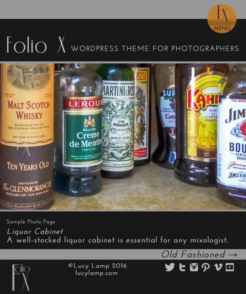 Shelf of colorful liquor bottles.