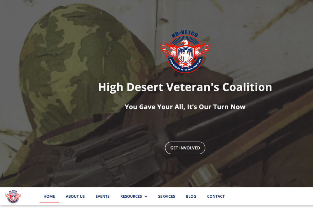 Home page Hero section with logo, site title and subtitle, get involved button and site menu, with a darkened background with soldier's helmet, uniform and gun.