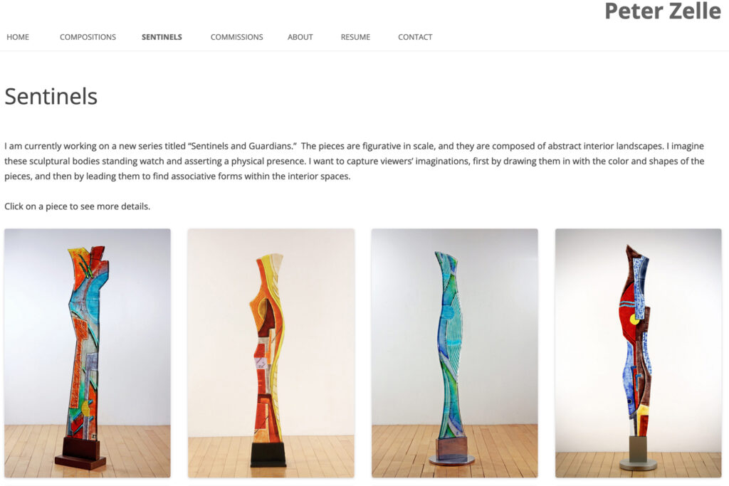 Sentinels Page with four colorful glass sculptures